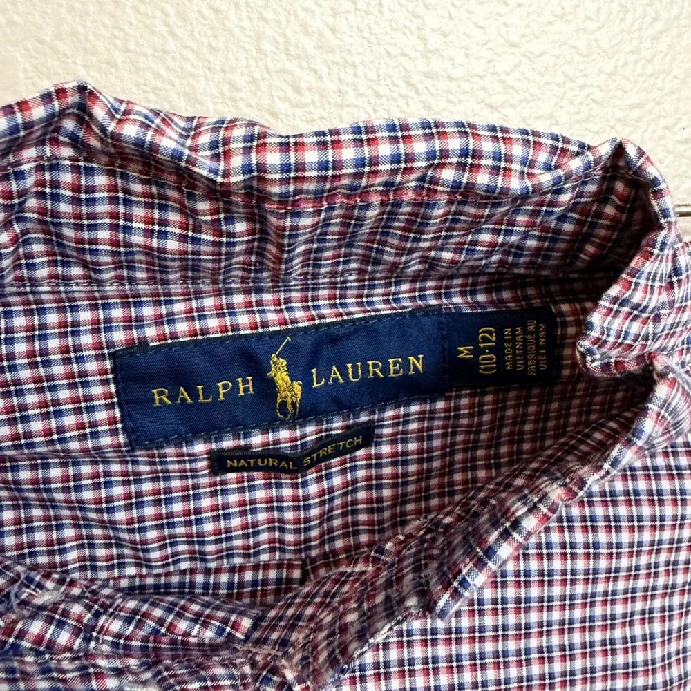 Ralph Lauren Button Down Shirt Size M (10-12) Red Blue White Plaid Preppy